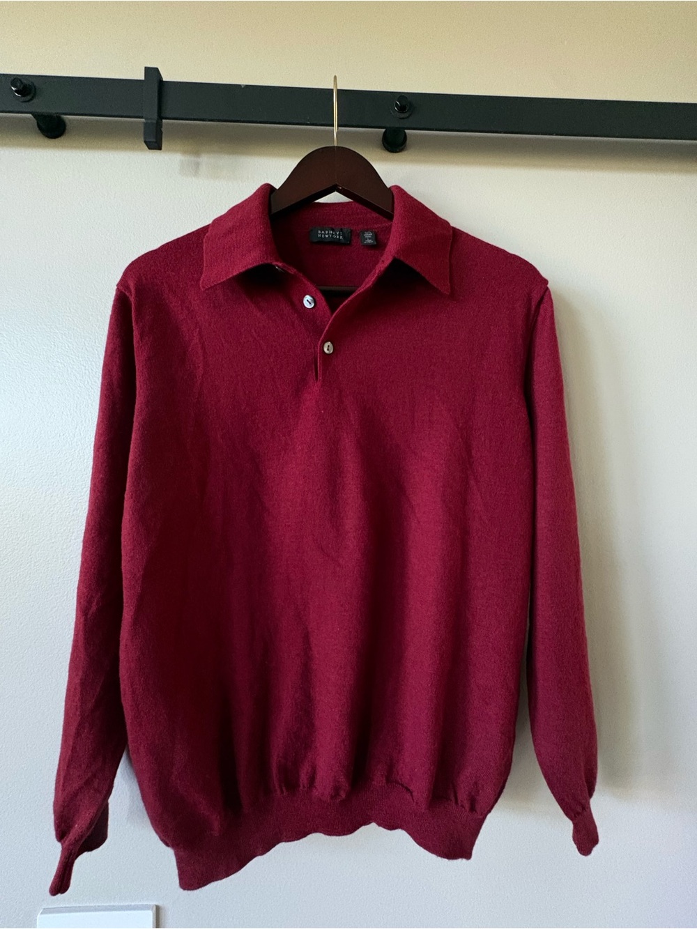 Barneys New York  Maroon Merino Wool Long Sleeve Polo Sweater Made in Italy Sz L